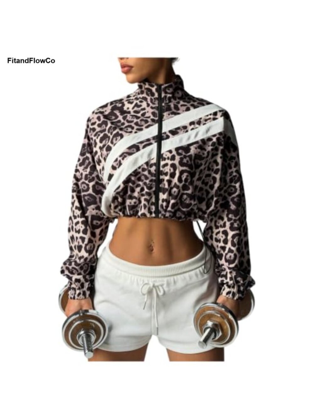 Leopard Cropped Zip Up Running Jacket Mock Neck Long Sleeve